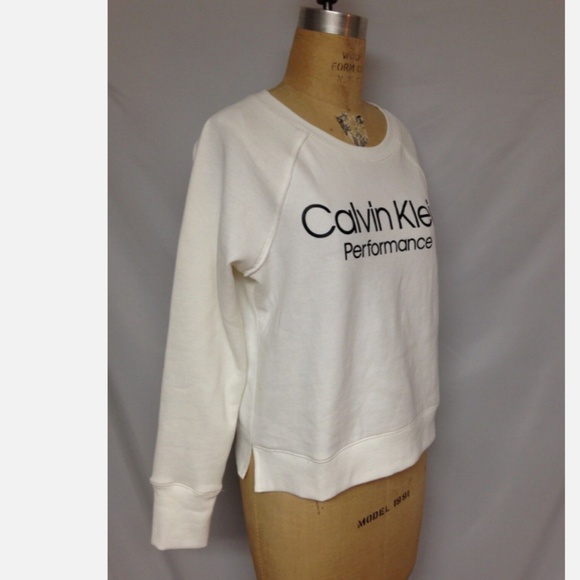Calvin Klein Logo Print Ribbed Trim Crew Neck Sweatshirt PFT8T1182 S White NWT - Picture 3 of 4